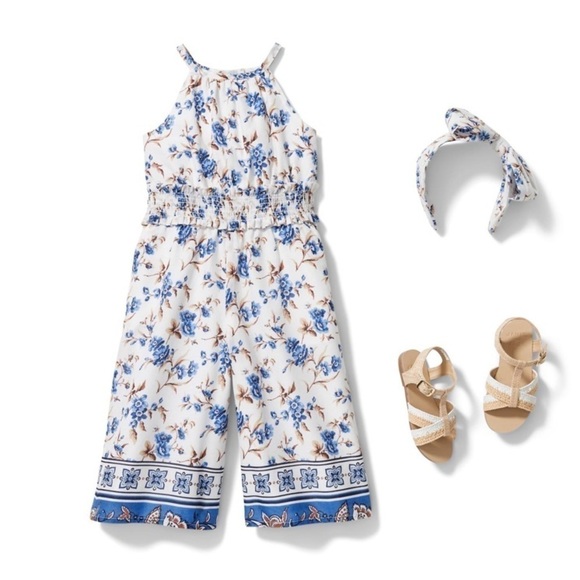 Janie and Jack 
FLORAL BORDER JUMPSUIT 4 blue white - Picture 1 of 3